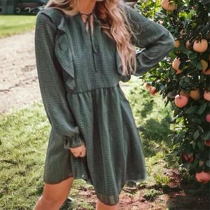 Loft Green Textured Ruffle Long Sleeve Dress, Size XS